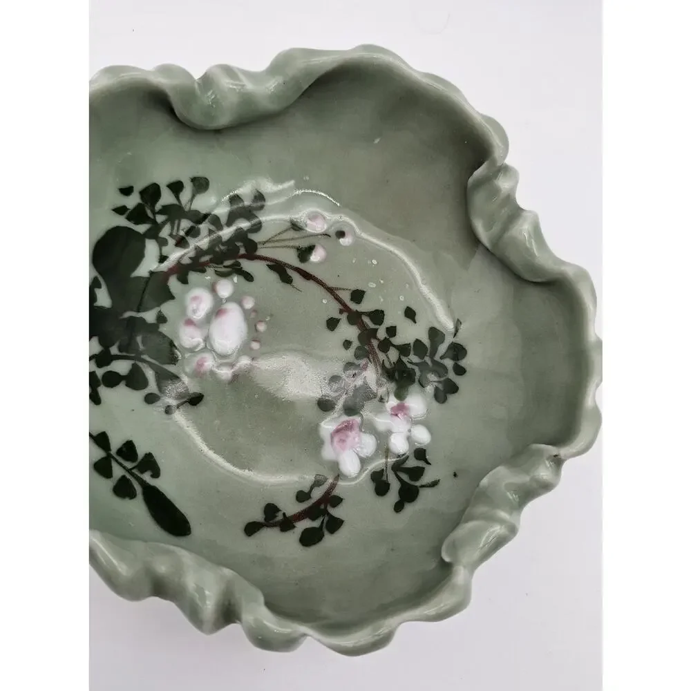 Antique Japanese Meiji Celadon Porcelain Brush Washer Cherry Blossoms